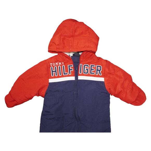 Tommy Hilfiger Baby Snowsuit 0-3M Hooded Bunting Suit Red Navy Logo - Picture 3 of 5